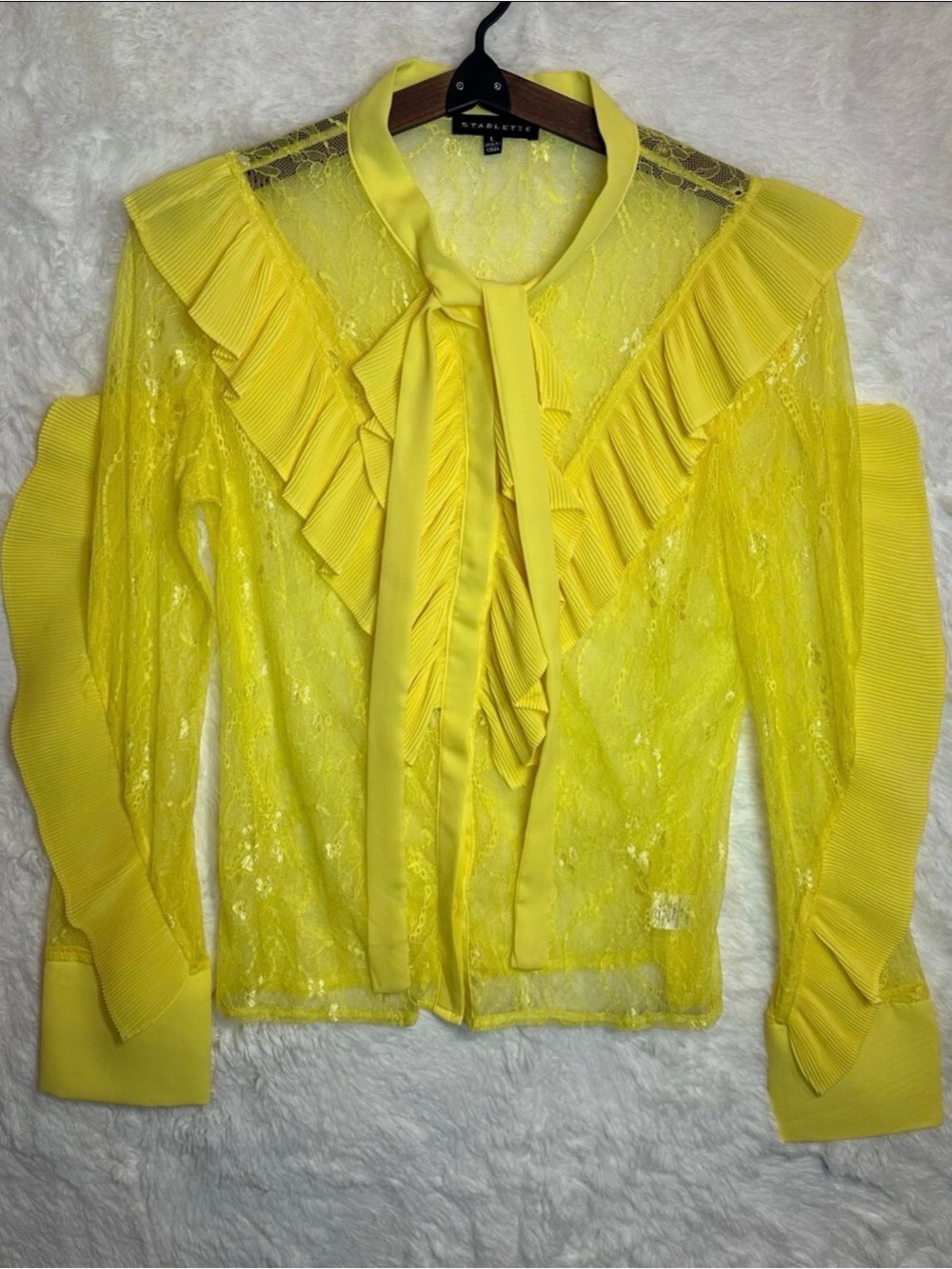 Yellow Ruffle Lace Bow Tie Blouse